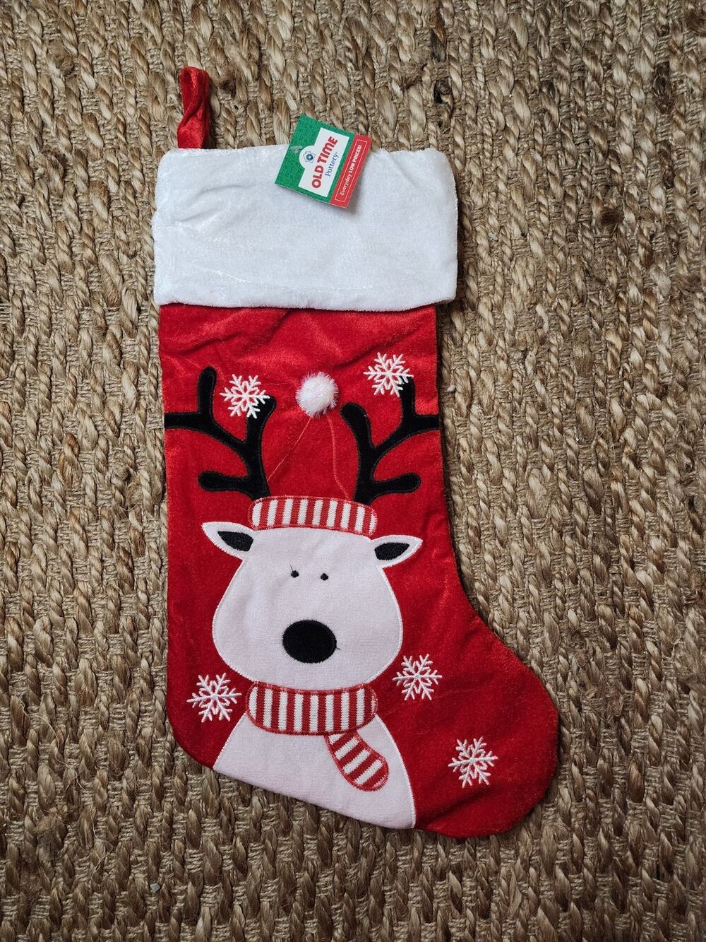 New! 18" Holiday Christmas Reindeer Stocking Red White Snowflakes